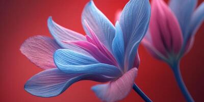 A close up of a blue and pink flower on a red background. photo