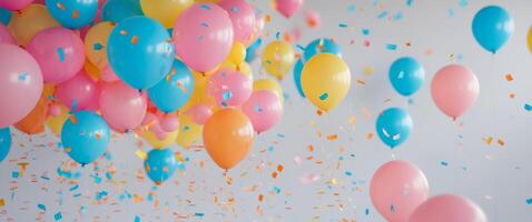 Colorful balloons and confetti create a festive atmosphere for celebration events. photo
