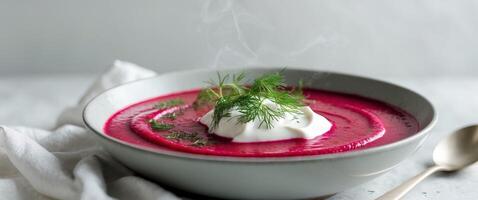 Steaming Bowl of Red Beetroot Soup with Cream and Dill. photo