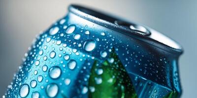 Close up of a refreshing beverage can with condensation photo