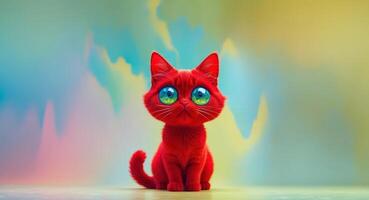 Bright red cartoon cat with large eyes sits on a colorful background. photo