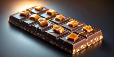 Delicious Chocolate Bar With Crunchy Bits Displayed on a Dark Background photo