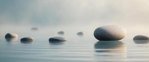 Smooth stones floating on calm water create a peaceful setting for meditation and reflection in naturalistic style photo