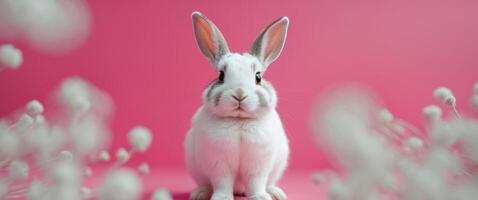 A rabbit is standing in front of a pink background with a banner behind it photo