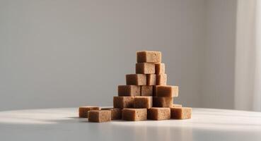 A collection of brown sugar neatly stacked on a white table photo