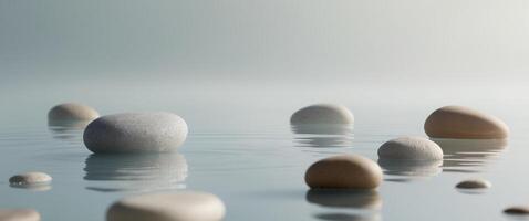 Smooth stones floating on calm water create a peaceful setting for meditation and reflection in naturalistic style. photo