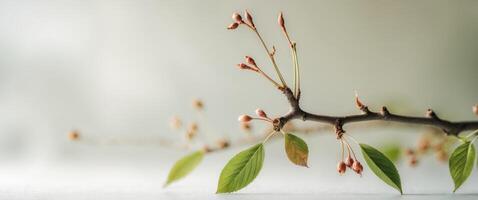 The close up of a single cherry branch with its leaves on blurry background photo