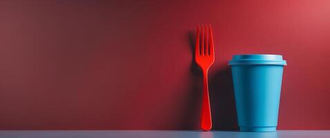 Vibrant Red Background Featuring a Blue Disposable Cup and Red Fork with Ample Copy Space for Text or Branding. photo