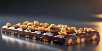 Delicious Chocolate Bar With Crunchy Bits Displayed on a Dark Background. photo