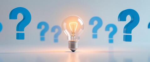 a light bulb surrounded by question marks symbolizing ideas and innovation. photo