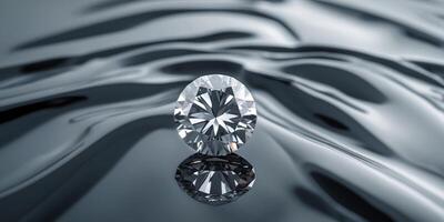 A diamond on a reflective surface with a reflection in the center of the image photo
