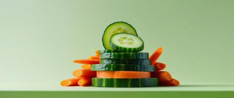 Stacked slices of cucumber and carrots on a green background creating a vibrant food display photo