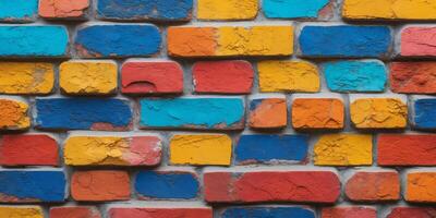 Brightly colored brick texture showcasing vibrant hues and flat shading in a structured layout. photo