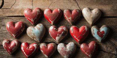 old Red hearts arranged on wooden rustic background Valentine's Day. photo