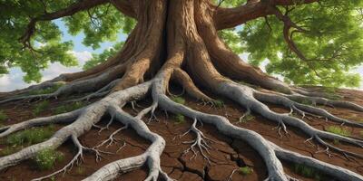 A tree with its roots exposed in the dirt photo
