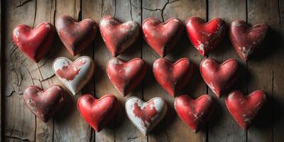 old Red hearts arranged on wooden rustic background Valentine's Day photo