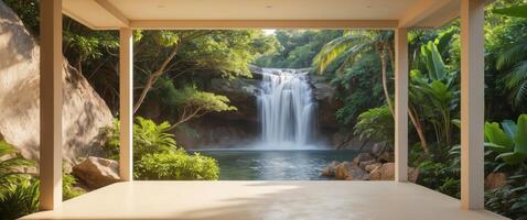 Sunlit Beige Porch with Tropical Waterfall View. photo