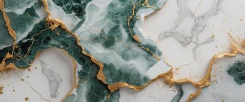 Luxurious and sophisticated green and white marble texture with gold veins and splatters creates an elegant backdrop. photo