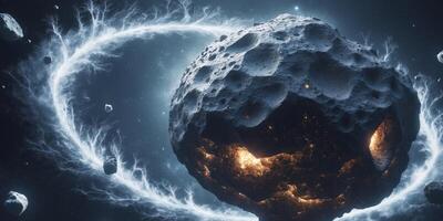 Close up of a massive asteroid with rough textures surrounded by smaller asteroids and debris photo