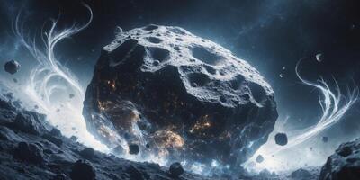 Close up of a massive asteroid with rough textures surrounded by smaller asteroids and debris. photo