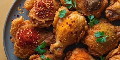 A close up of a plate of fried chicken with a lot of spice photo