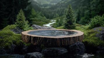 A natural pool in a tree trunk in a lush mountain landscape photo