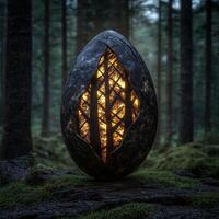 A mysterious glowing egg rests in a dark forest photo