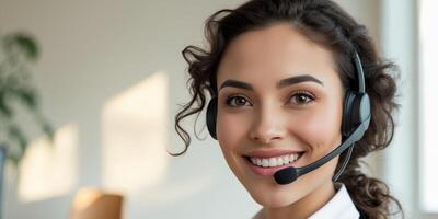 Smiling Customer Service Representative with Headset in Bright Office Setting with Neutral Background and Ample Copy Space for Text photo
