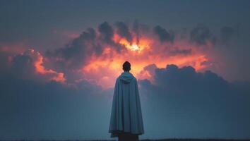 A person standing in front of a cloud with a sunset behind them photo