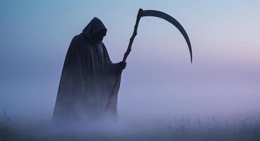 Cloaked Figure with Scythe in Mysterious Foggy Field at Twilight photo