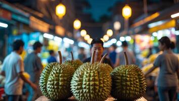 Fresh Durian Stand in Busy Street Market at Night with Bright Lights and Vendors. photo