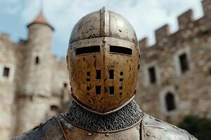 Close up of a medieval knights helmet and armor in front of a castle photo