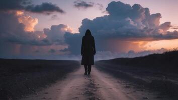 A person walking down a dirt road in front of a cloudy sky photo