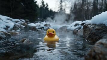A yellow rubber duck floats in a stream surrounded by snow covered rocks photo
