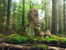 Surreal stone sculpture with mirror fragments in a forest setting photo