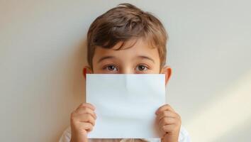 Young Boy Holding a Blank White Paper in Front of His Face. photo