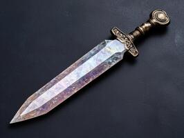 A crystal sword with an ornate handle on a dark surface photo