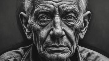 A close up charcoal drawing highlighting the weathered face of a. photo