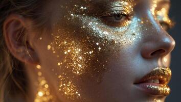 Stunning and captivating Golden Glitter Makeup CloseUp for a truly mesmerizing experience. photo