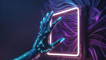 Glowing Hand Reaching for Neon Square Frame in Cyberpunk Style with Abstract Geometric Background photo
