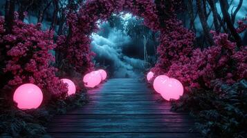 A magical walkway with glowing orbs and flower archway photo