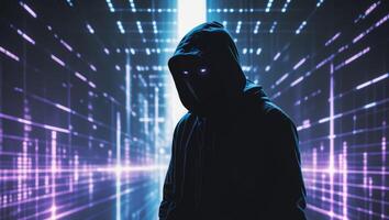 Hacker Silhouette in Dark Digital Matrix Background Cyberpunk Art Style Chiaroscuro Lighting Intrigue Secrecy photo