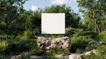 Blank sign in a lush green forest environment photo