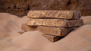 Gold bars stacked in the sand with ancient inscriptions photo