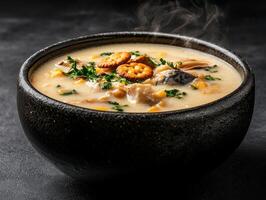 A bowl of steaming hot clam chowder soup with crackers and parsley photo