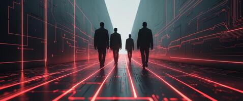 Dark Figures Walking on a Glowing Red Circuit Board Futuristic Digital Art. photo