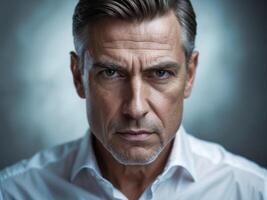 Strategic Thinker with Intense Look Facing the Camera photo