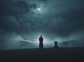 The contemplative silhouette is beautifully captured in a profoundly dramatic setting. photo