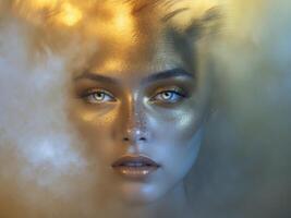 Curious Gaze Warm and Cool Tones Blend Intrigue and Doubt on Shadowed Face. photo
