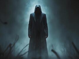 An Enigmatic and Mysterious Figure Cloaked Deeply in Obscuring Shadows and Darkness photo